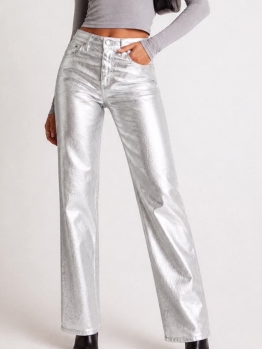 Abercrombie Kids Girls Metallic Silver High Rise Wide-Leg Jeans - Shiny - Pop
